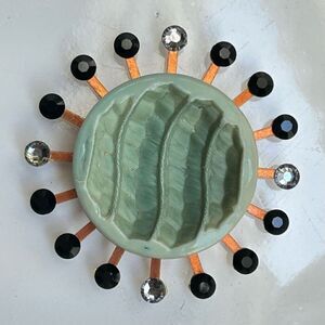 Vintage Upcycled Atomic Starburst Refrigerator Magnet Buttons Rhinestones Green